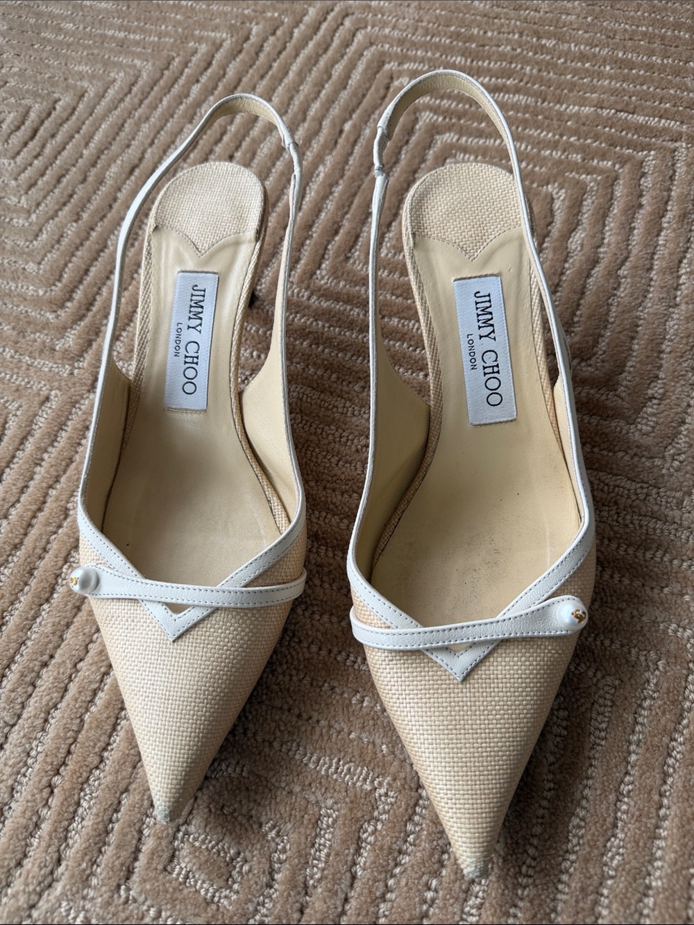 Jimmy Choo Cream Pointed-Toe Slingback Mules with Pearl Trim - Picture 1 of 3
